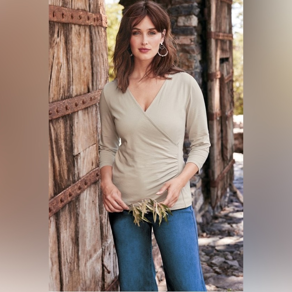 Soft Surroundings Light Beige Wrap-Style V-Neck Long Sleeve Top